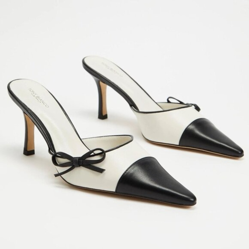 Tony Bianco Black and White Pointed Toe Bow Mule Heels